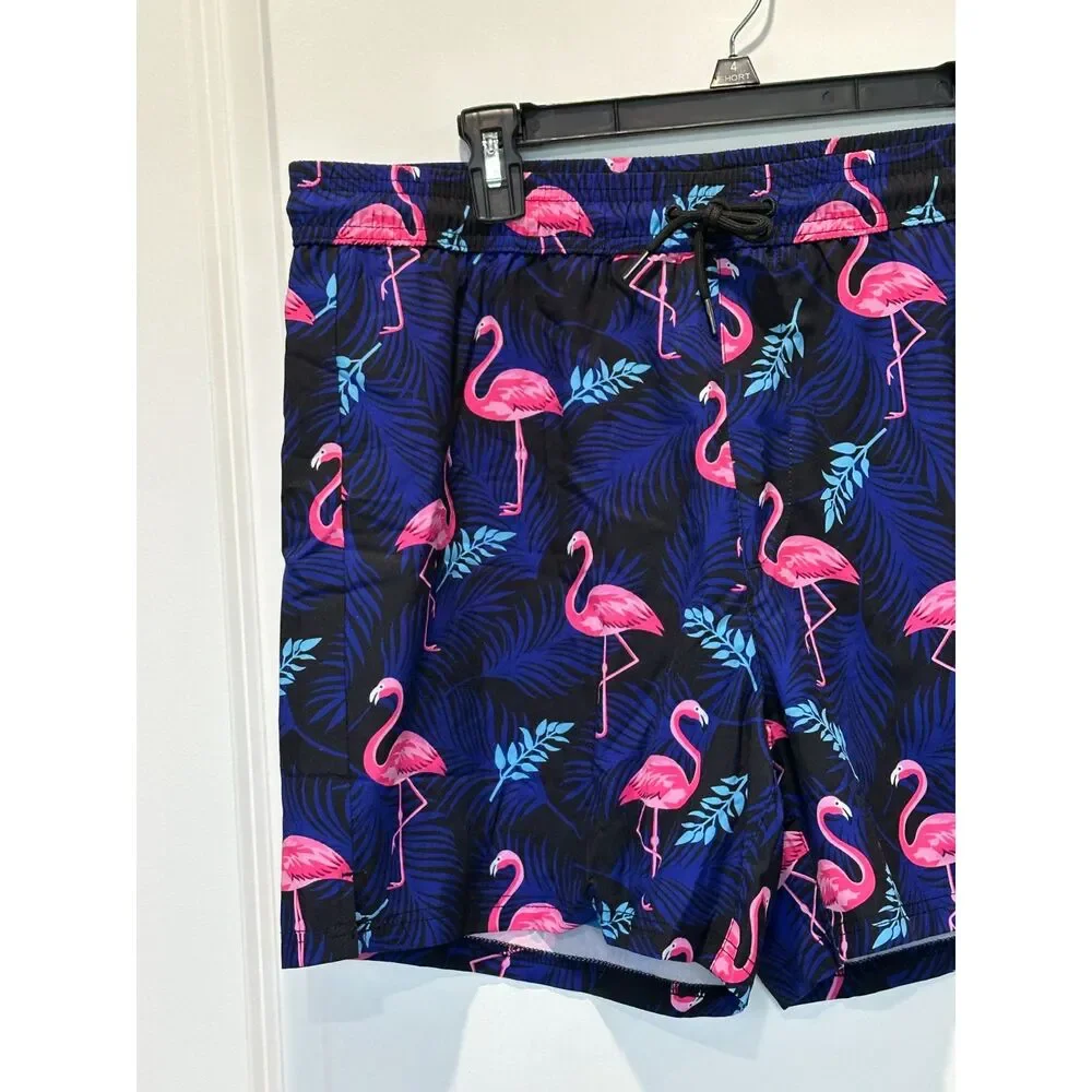 NWT Brisira Blue Flamingo Print Swim Trunks Size XL
